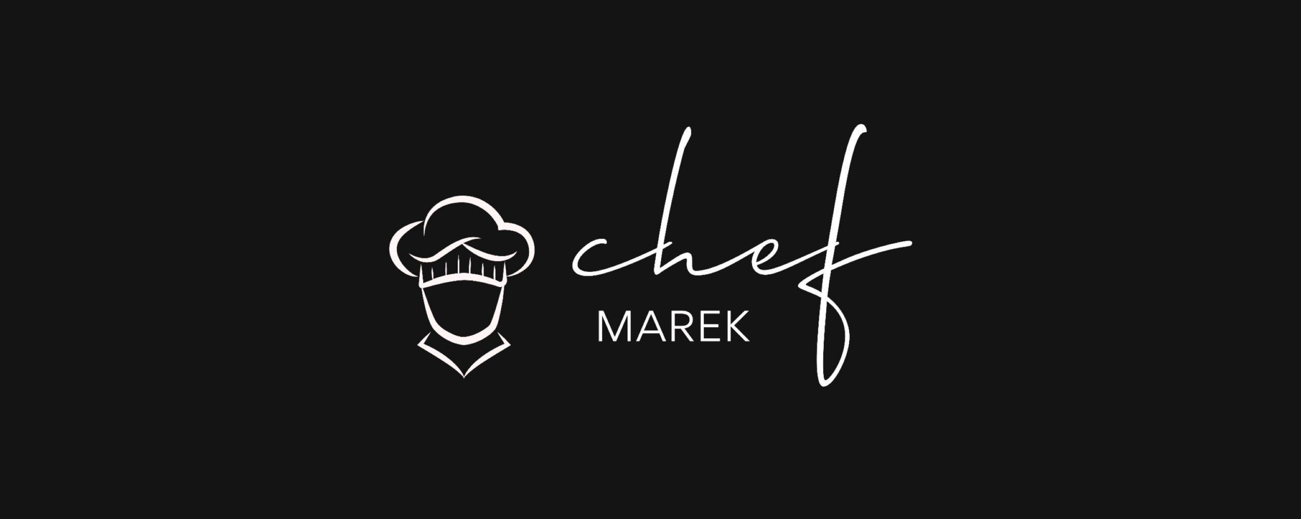 Logo for Chef Marek; black background, white illustration of chef's head wearing chef's hat on left, with text 'Chef Marek' on the right.