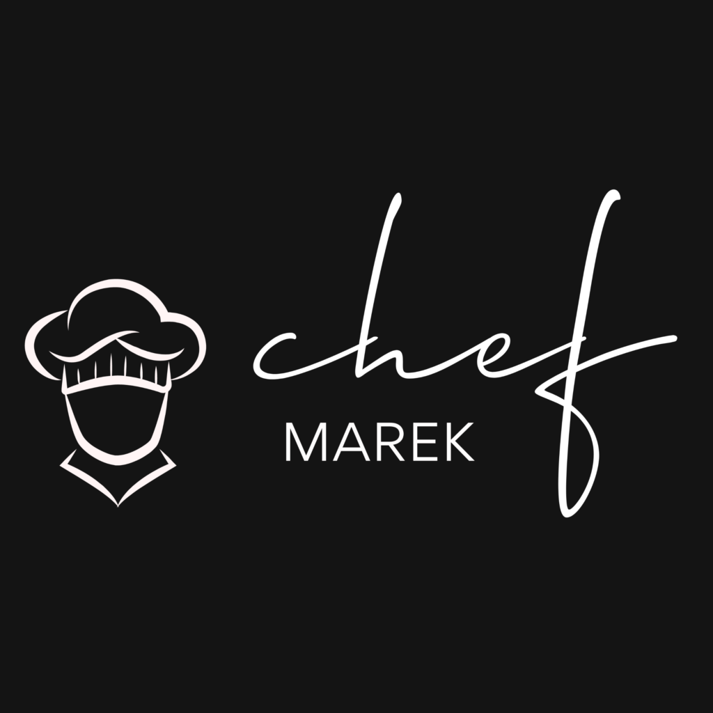 Chef Marek Logo - black background with white chef's hat on the left, with text 'chef marek' on the right